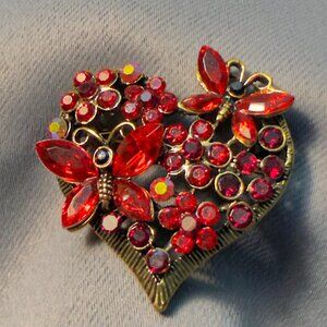 Heart Brooch Red Rhinestone Butterfly Openwork Pin 1.5”